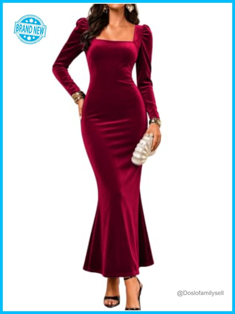 Velvet Bodycon Maxi Dress Long Sleeve Square Neck Formal Wedding Guest